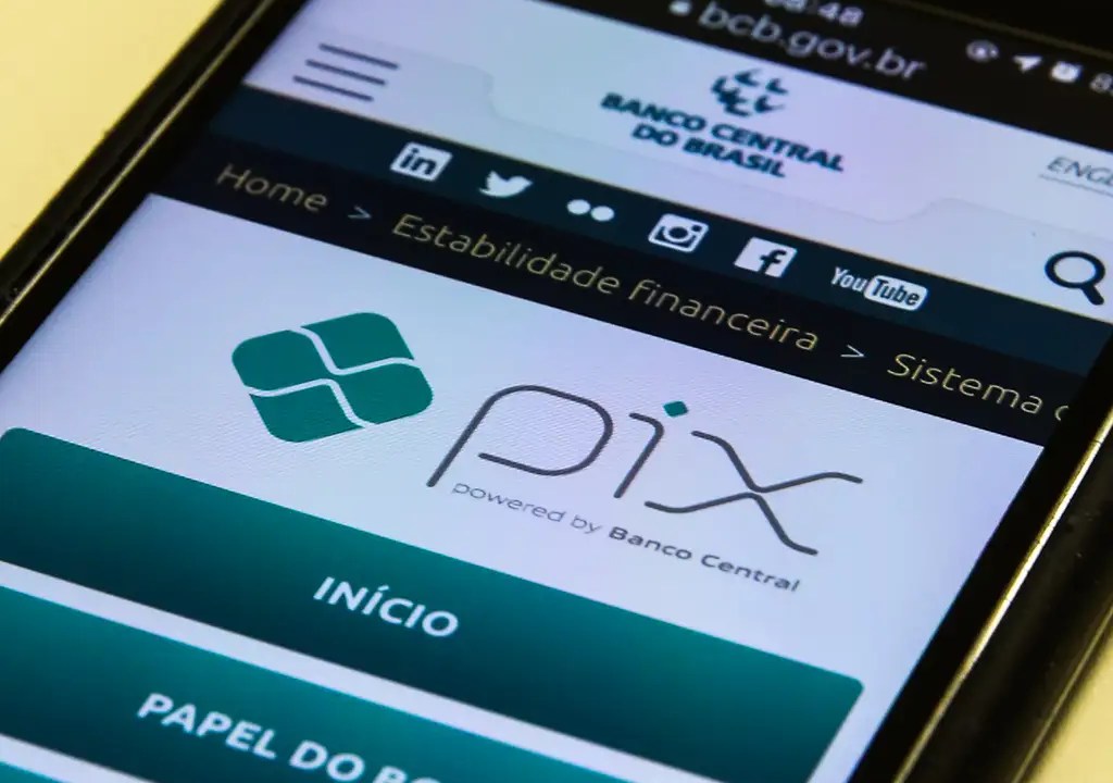 A imagem mostra a tela de um smartphone exibindo a página do Banco Central do Brasil, com destaque para o sistema de pagamentos instantâneos Pix. O logo do Pix é visível, junto com o texto "powered by Banco Central". Acima, há ícones de redes sociais como LinkedIn, Twitter, Instagram, Facebook e YouTube. No topo da tela, aparece o endereço do site "bcb.gov.br" e o horário "08:48".