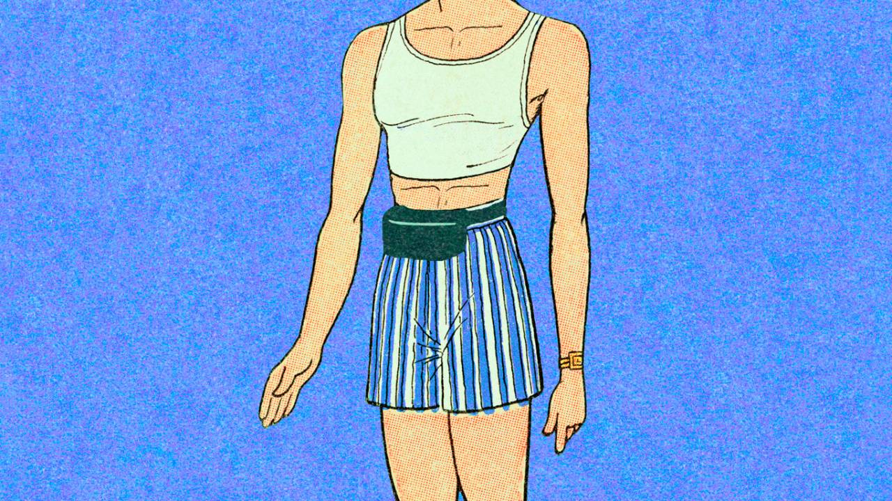 Ilustração de um corpo usando chapéu, cropped, pochete de uma bermuda.