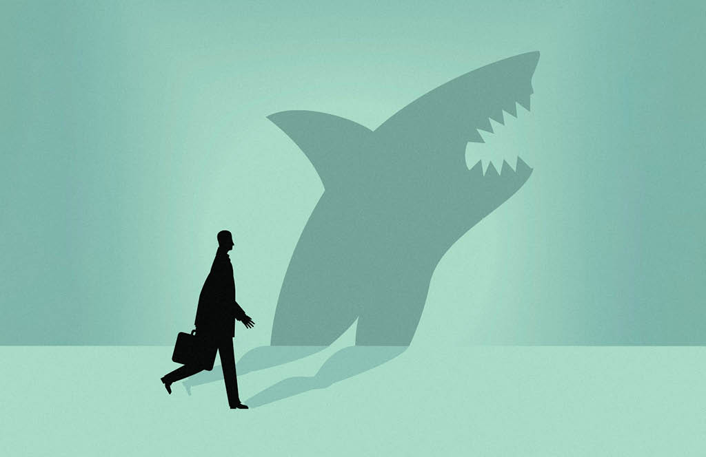 Ilustração de um empresário andando enquanto sua sombra projeta um tubarão.