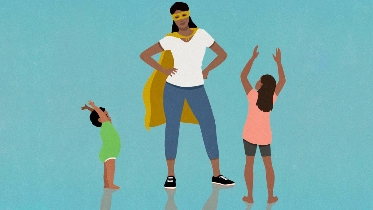 Ilustração de Filha e filho torcendo pela mãe com capa de super-herói.