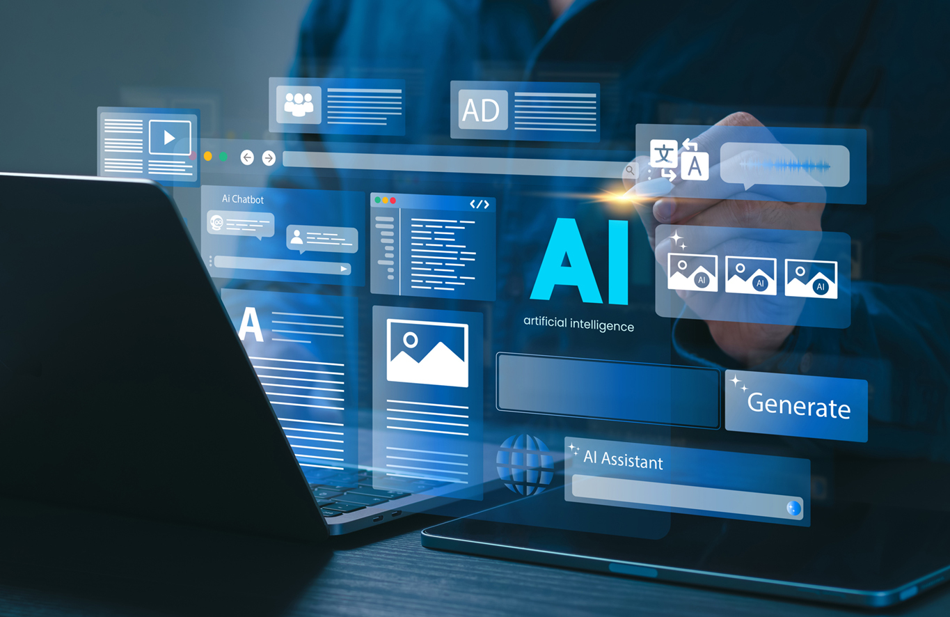 Um homem usa um laptop para interagir com o assistente de IA. A IA oferece funções como chatbot, geração de imagens, escrita de código, bot de escritor, tradução e publicidade.